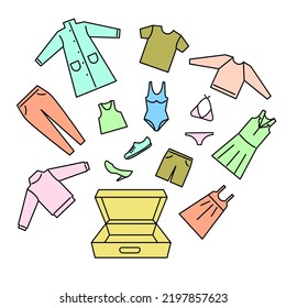 Suitcase with clothes. Vector color illustration in outline style.	