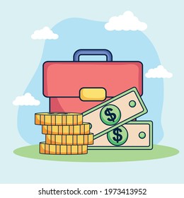 suitcase coins and bills of invest theme