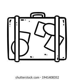 Suitcase comic style cartoon doodle image. Tour and travel logo. Media highlights graphic icon