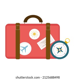 Suitcase and compass for use in web designю. Vector isolated objects on a white background