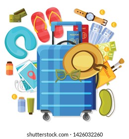 Suitcase composition of flat images with tourists clothes accessories flight tickets and cosmetics on blank background vector illustration