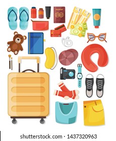 Suitcase composition with set of isolated doodle images with personal things clothes and accessories of tourist vector illustration