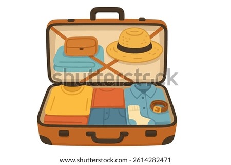 A suitcase containing clothes is depicted, along with a cartoon of an open travel bag filled with packed items, representing travel luggage with organized clothing and accessories for a road trip