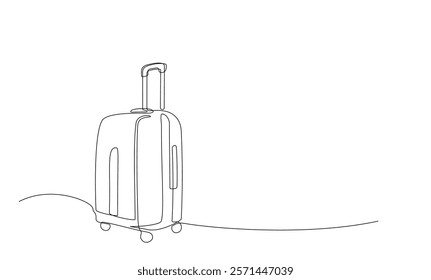 Suitcase in continuous line art drawing style. Single one line drawing of case, luggage bag with wheels isolated on white background. Editable stroke vector design object for banner flyer concept