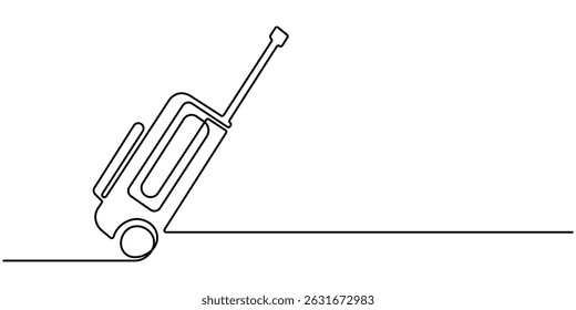 Suitcase in continuous line art drawing style. line art style vector illustration. Editable stroke vector design object for banner flyer concept. luggage bag with wheels isolated on white background.