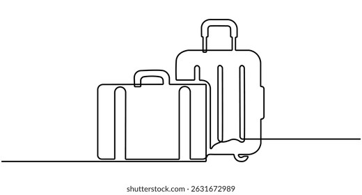 Suitcase in continuous line art drawing style. line art style vector illustration. Editable stroke vector design object for banner flyer concept. luggage bag with wheels isolated on white background.
