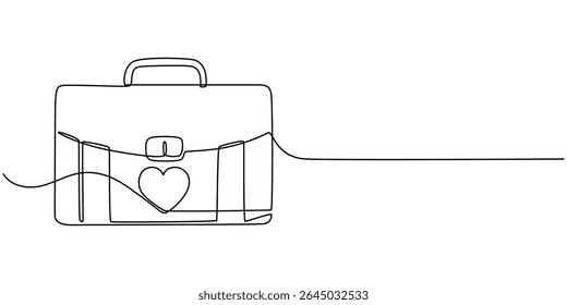 Suitcase continuous one line drawing illustration. Single line drawing, Continuous one line of suitcase with heart and lettering in linear art style, Suitcase in continuous line art drawing style.