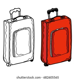 Suitcase contour and suitcase colored red. Cartoon style. Hand drawing. Vector illustration.