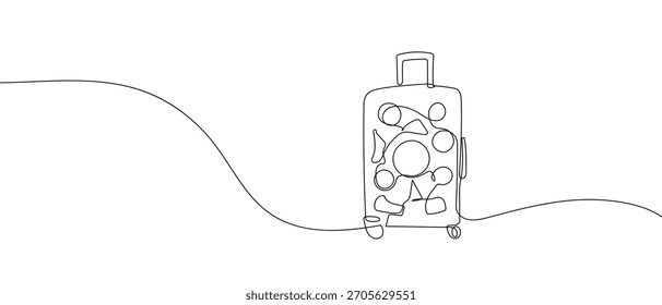 A suitcase covered in stickers, in one continuous line. one line vector illustration.