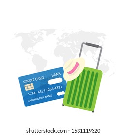 Suitcase with credit cards hat and world map on background
