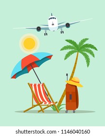 Suitcase, deck chair and plane, palm tree and umbrella beach. Vector flat style illustration