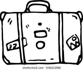 Suitcase decorated with stickers and badges isolated on white background. Hand drawn retro travel bag. Tourist s luggage