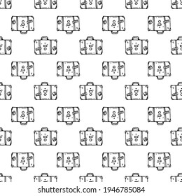 Suitcase decorated with stickers and badges isolated on white background. Hand drawn retro travel bag. Seamless pattern.