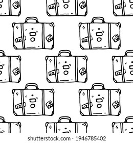 Suitcase decorated with stickers and badges isolated on white background. Hand drawn retro travel bag. Seamless pattern.