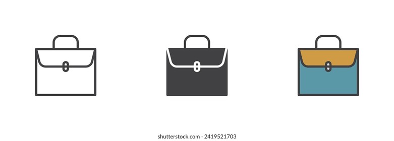 Suitcase different style icon set. Line, glyph and filled outline colorful version, outline and filled vector sign. Briefcase Symbol, logo illustration. Vector graphics