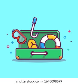 Suitcase With Diving Equipment Vector Icon Illustration. Summer Beach Travel. Holiday Icon Concept White Isolated. Flat Cartoon Style Suitable for Web Landing Page, Banner, Flyer, Sticker, Card