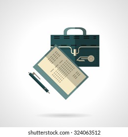 Suitcase and document with pen. Flat color style vector icon. Office accessory and supply. Design symbols for business and website.