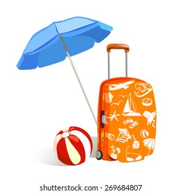 suitcase with elements of travel and sun umbrella. vector illustration
