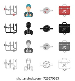 Suitcase, equipment, professions and other web icon in cartoon style.Plumber, meter, figures icons in set collection.