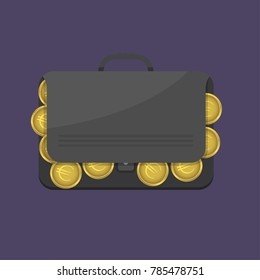Suitcase with euro coins. Briefcase with cash, Vector illustration