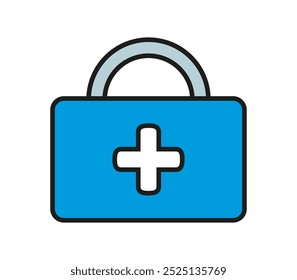 Suitcase First Aid. Bag white cross for medicines. Medical box. Emergency Kit. Ambulance. Storage of medical drugs, instruments. Pharmaceutical. Isolated icon. Flat style. Colored vector illustration