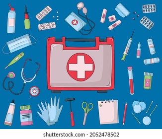 Suitcase Of First Aid Kit With Medical Equipment And Medicines For Emergency Care, Top View