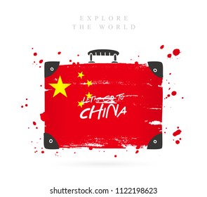 Suitcase with the flag of China. Inscription - Let's go to China. Lettering. Vector illustration on white background.