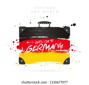 Suitcase with the flag of Germany. Inscription - Let's go to Germany. Lettering. Vector illustration on white background.
