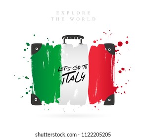 Maleta con la bandera de Italia. Inscripción - Vayamos a Italia. Letras.Ilustración vectorial sobre fondo blanco.