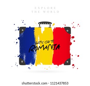 Suitcase with the flag of Romania. Inscription - Let's go to Romania. Lettering. Vector illustration on white background.