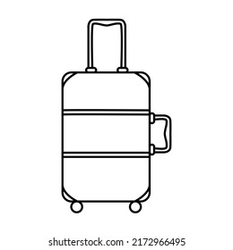 Logo plano en maleta aislado en fondo blanco. Vector de icono de bolsos de viaje en línea delgada sobre fondo aislado blanco. Icono del vector del equipaje. Ilustración vectorial.