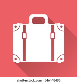 Suitcase flat vector illustration on red background with long shadow. Case for tourism, journey, trip, tour, voyage, summer vacation. 