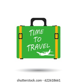 Suitcase flat vector illustration on white background. Time to travel case for tourism, journey, trip, tour, voyage, summer vacation.
