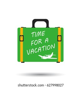 Suitcase flat vector illustration on white background. Time to travel case for tourism, journey, trip, tour, voyage, summer vacation.