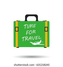 Suitcase flat vector illustration on white background. Time to travel case for tourism, journey, trip, tour, voyage, summer vacation.