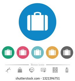 Suitcase flat white icons on round color backgrounds. 6 bonus icons included.