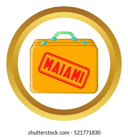 Suitcase for a flight to Miami vector icon in golden circle, cartoon style isolated on white background