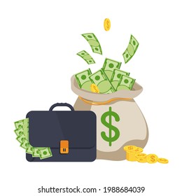 Suitcase full of money and Money bag with banknotes. Symbol of wealth, success and good luck. Bank and Finance. Flat vector cartoon illustration. Objects isolated on a white background.