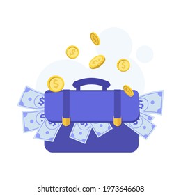 A suitcase full of money. A suitcase with bills and coins. Business concept.