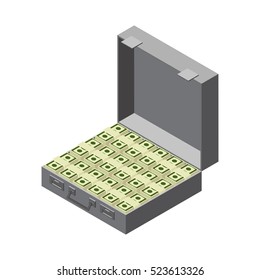 Suitcase full of money. Case cash. trunk dollars isolated