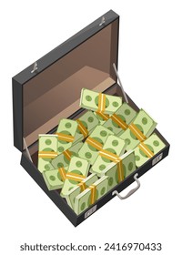 Suitcase full of money. Isometric vector illustration