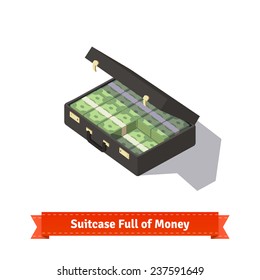 Suitcase full of money. Stacks of dollars. Flat style isometric illustration. EPS 10 vector.
