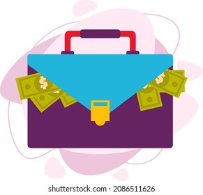 A suitcase full of paper money. Vector illustration in a flat style. The money is in the suitcase.
