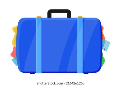 Suitcase. A suitcase full of things and clothes. Overload during transportation. Recreation and tourism in another city or country. Vector illustration in cartoon style.