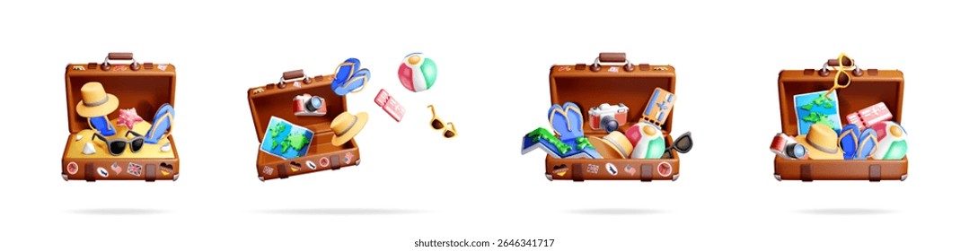 Suitcase full of travel items. Summer holiday vacation trip. World tour concept. Cute 3d vector for web and journey.