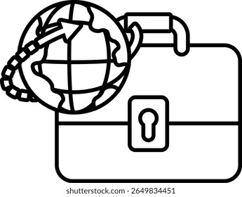 A suitcase with a globe on top of it. The suitcase is black and white