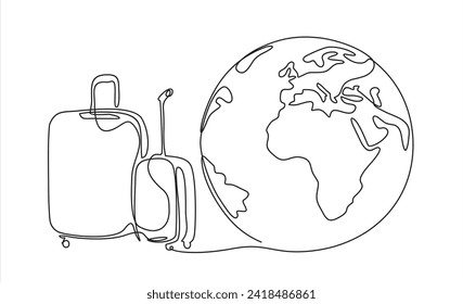 Suitcase and globe in one continuous line drawing. Vacation with luggage and travel baggage concept in simple linear style. Air trip and journey banner. Doodle outline vector illustration