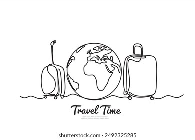 Suitcase and globe in one continuous line drawing. Vacation with luggage and travel baggage concept in simple linear style. Air trip and journey banner. Doodle outline vector illustration