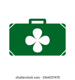 Suitcase green- vector icon. White icon clover.