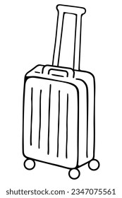 Suitcase with handle. Sketch. Travel bag on wheels. Vector illustration. Doodle style. Outline on isolated background. Coloring book for children. A chest for transporting things while traveling.